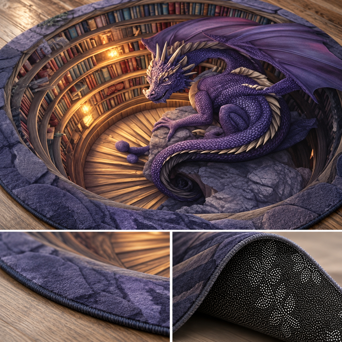 Dywan okrągły Dragon Fantasy 3D – fioletowy smok w magicznej bibliotece, efekt głębi