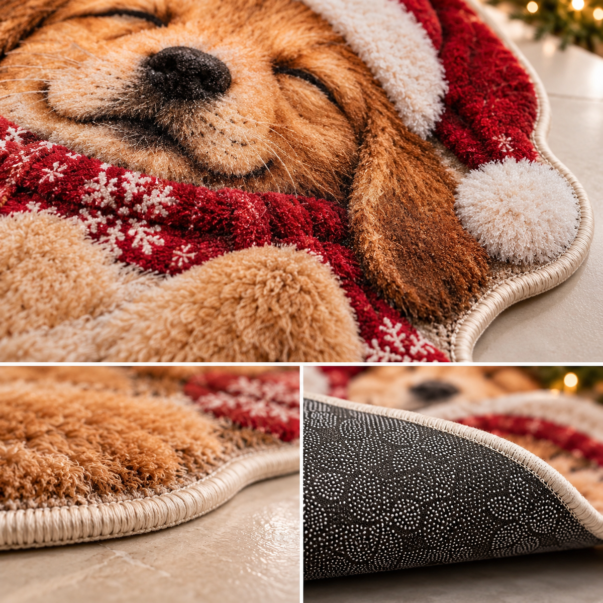 Dywan świąteczny puszysty Śpiący Golden Retriever z czapką Mikołaja antypoślizgowy