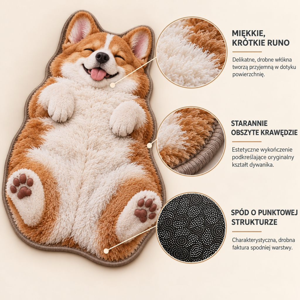 Dywan puszysty Pies Corgi karmelowo-brązowy antypoślizgowy 3D