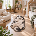 Dywan puszysty Śpiący Husky szaro-biały antypoślizgowy, nieregularny kształt