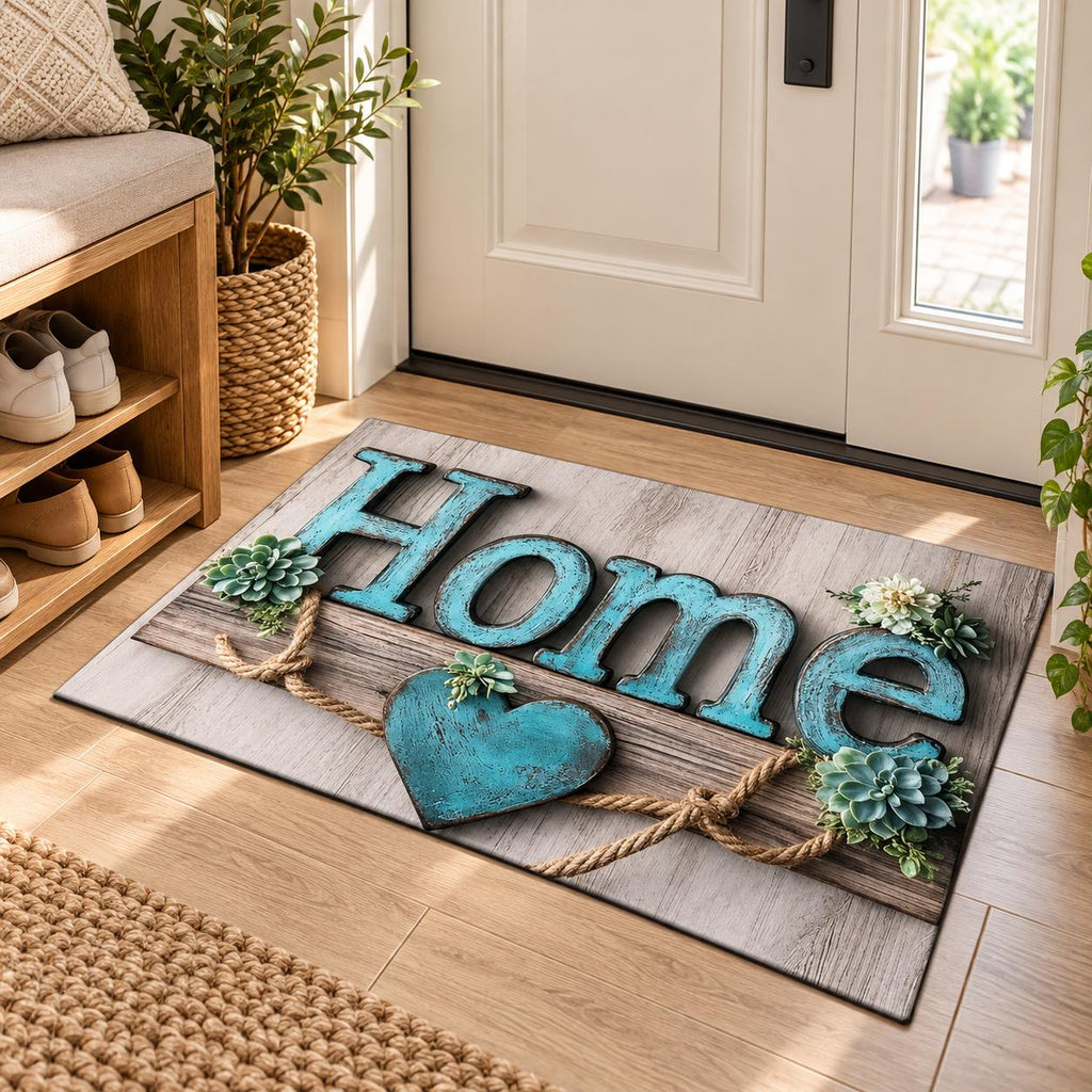 Wycieraczka pod drzwi Home Sweet Home – turkusowy napis i serce, rustykalna, szaro-beżowa