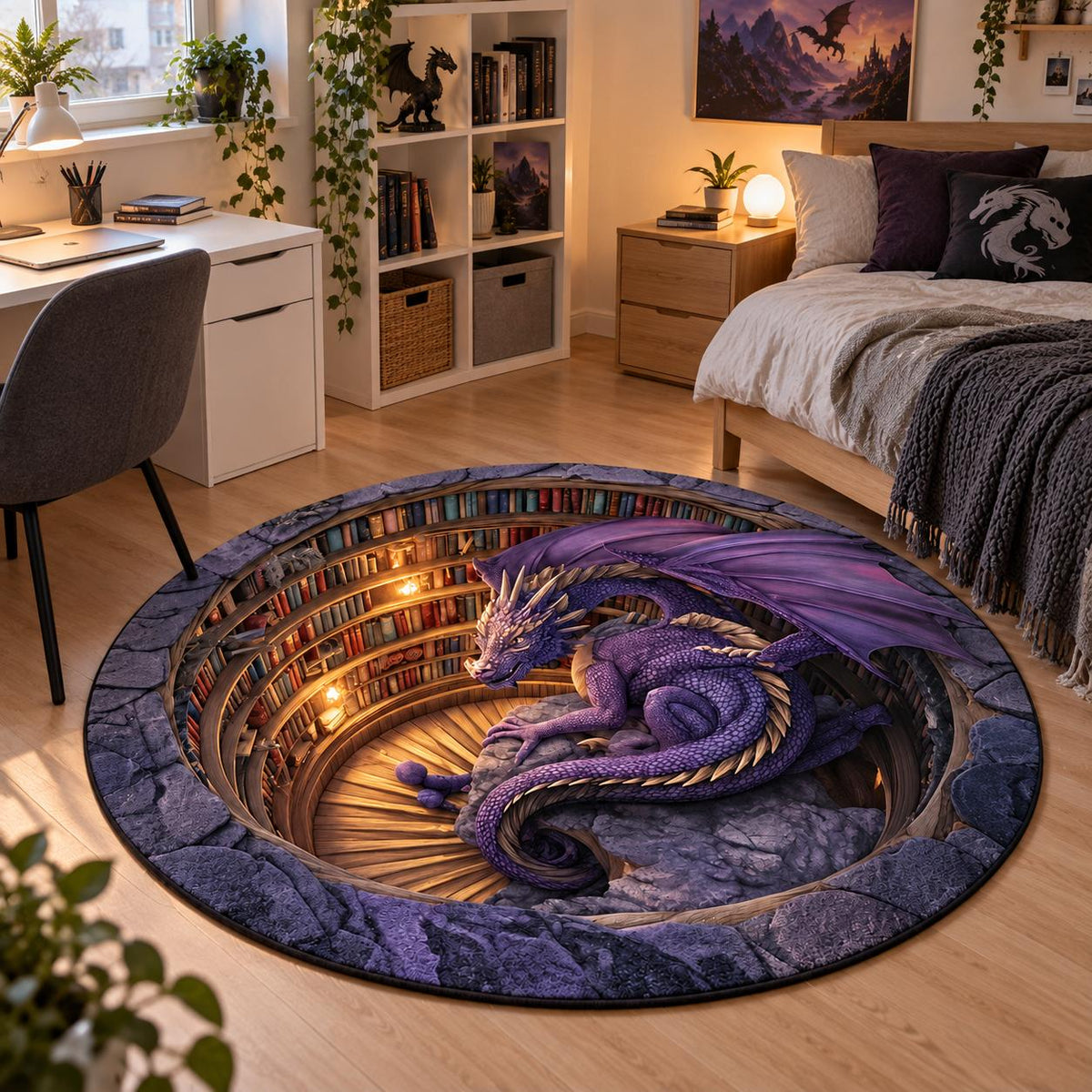 Dywan okrągły Dragon Fantasy 3D – fioletowy smok w magicznej bibliotece, efekt głębi
