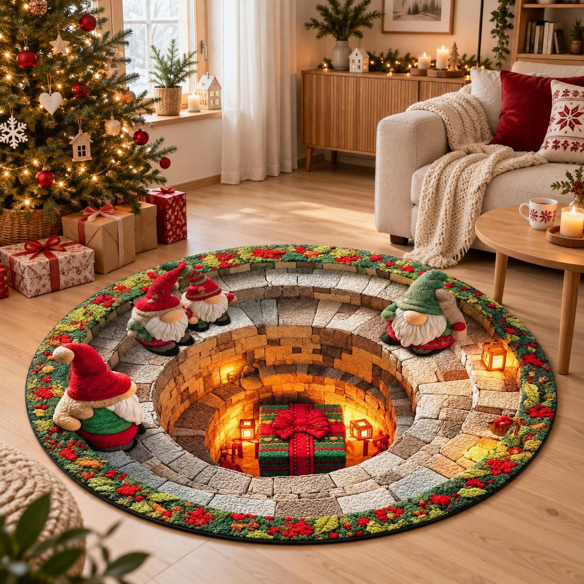 Dywan świąteczny okrągły Christmas Gnomes 3D – skrzaty, magiczna studnia z prezentem, efekt głębi
