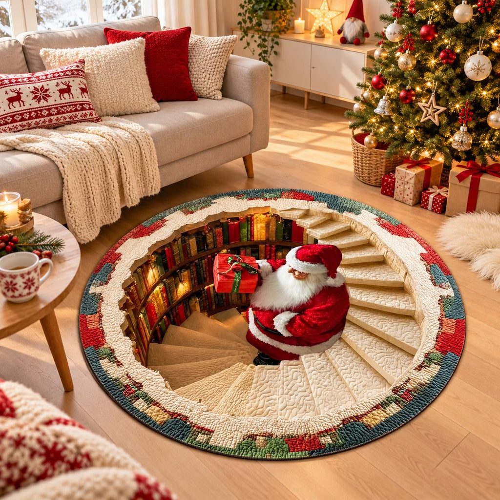 Dywan świąteczny okrągły Santa's Library 3D – Święty Mikołaj z prezentem, magiczne schody, efekt głębi