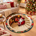 Dywan świąteczny okrągły Santa's Library 3D – Święty Mikołaj z prezentem, magiczne schody, efekt głębi