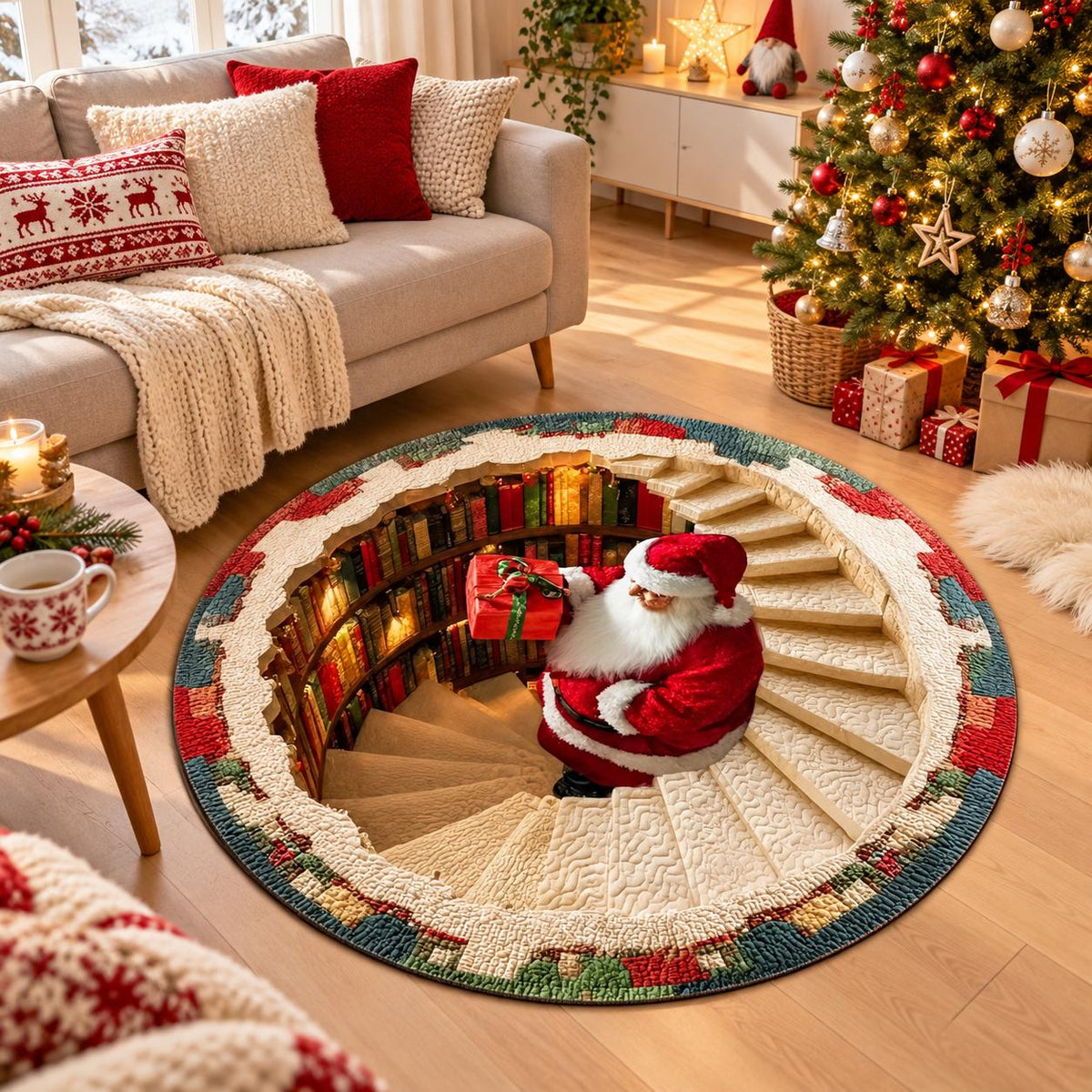 Dywan świąteczny okrągły Santa's Library 3D – Święty Mikołaj z prezentem, magiczne schody, efekt głębi