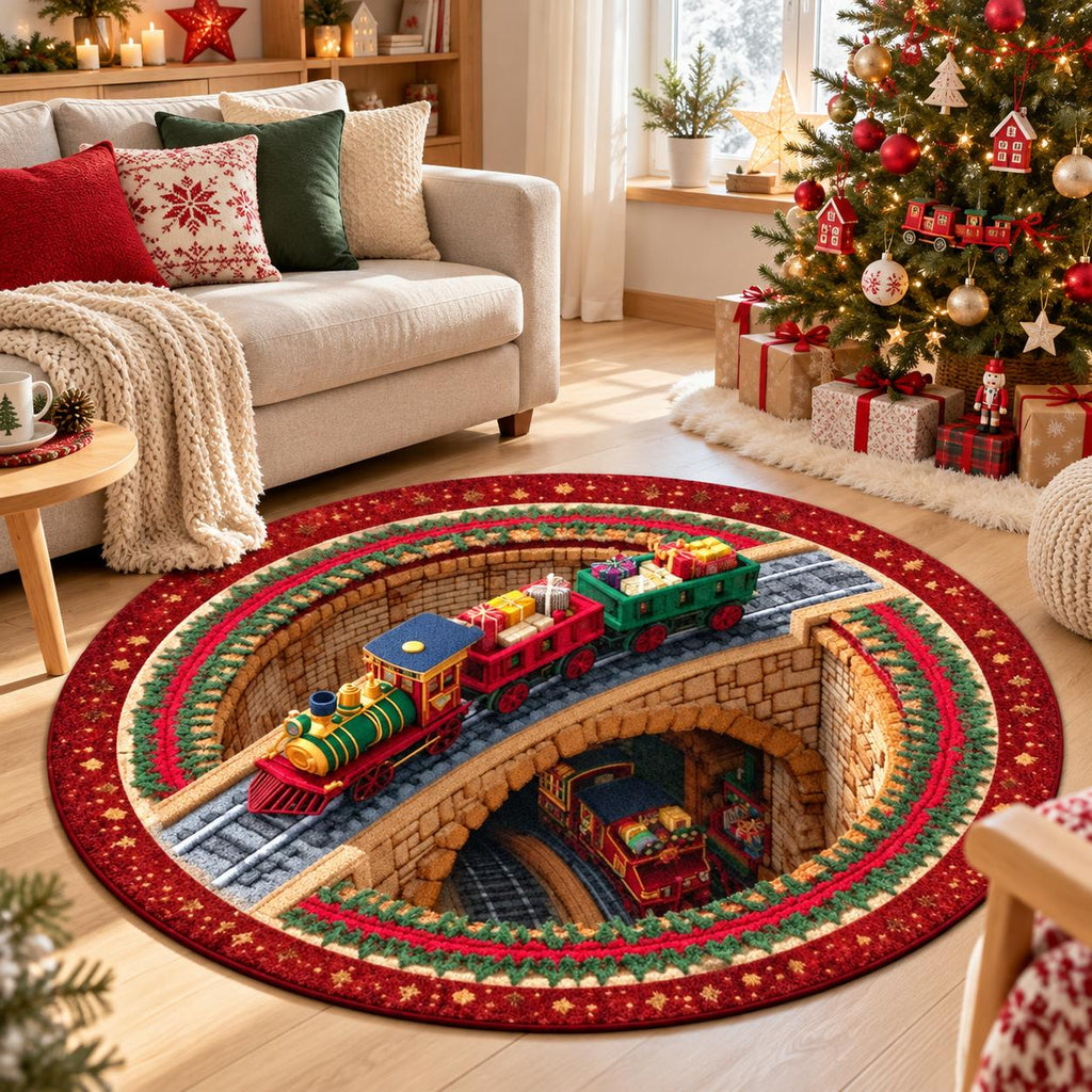Dywan świąteczny okrągły Christmas Express 3D – kolorowa lokomotywa z prezentami, magiczny tunel, efekt głębi
