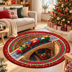 Dywan świąteczny okrągły Christmas Express 3D – kolorowa lokomotywa z prezentami, magiczny tunel, efekt głębi