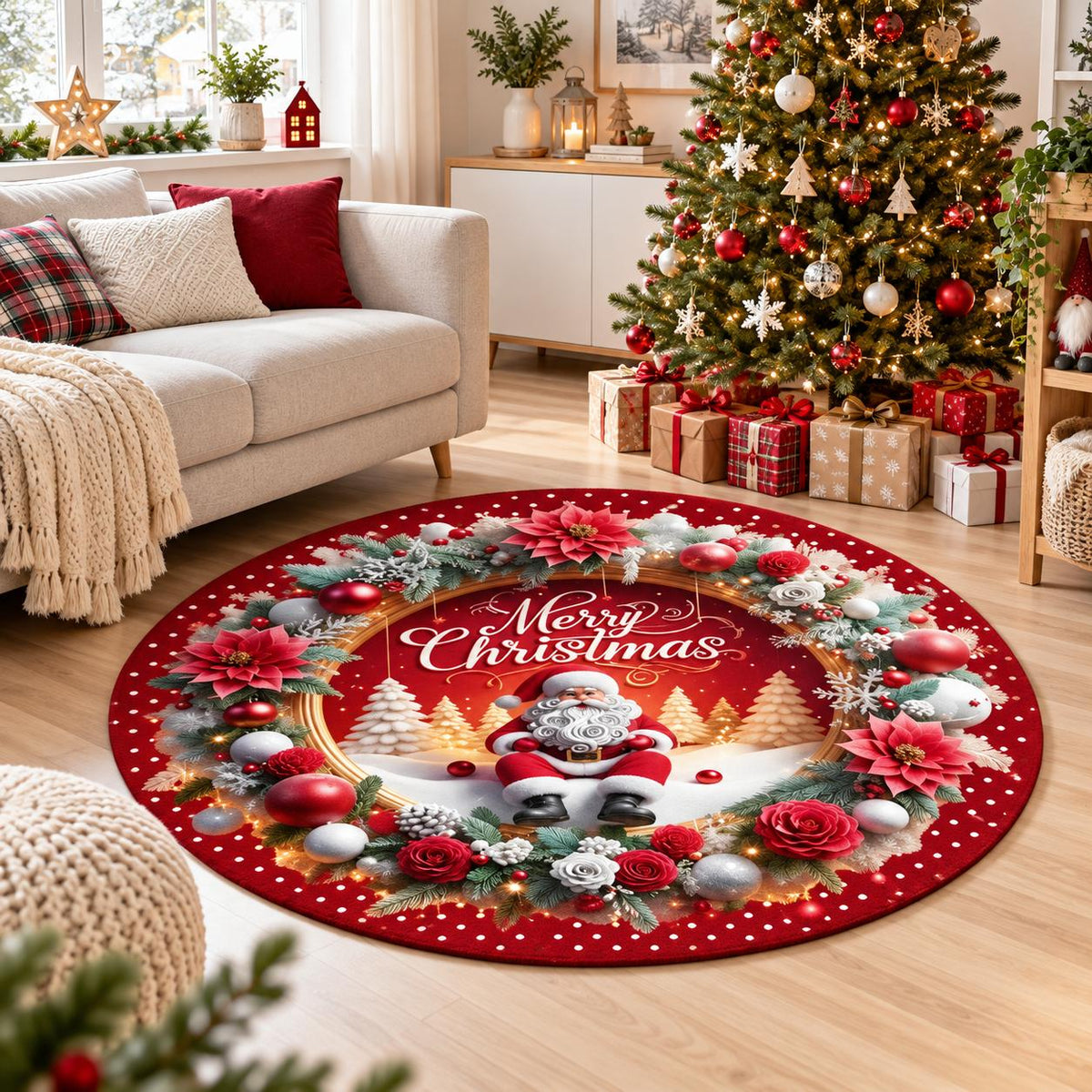 Dywan świąteczny okrągły Merry Christmas – Święty Mikołaj, bożonarodzeniowy wieniec, czerwony