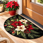 Wycieraczka świąteczna pod drzwi Christmas Poinsettia – półokrągła, gwiazdy betlejemskie, czarno-czerwona