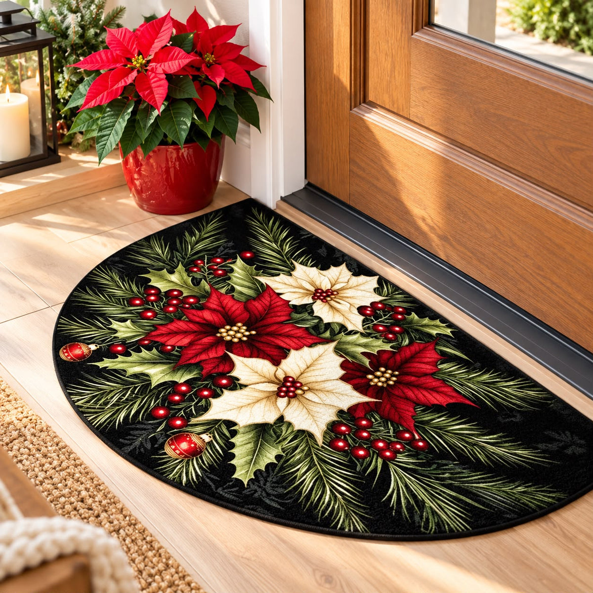 Wycieraczka świąteczna pod drzwi Christmas Poinsettia – półokrągła, gwiazdy betlejemskie, czarno-czerwona