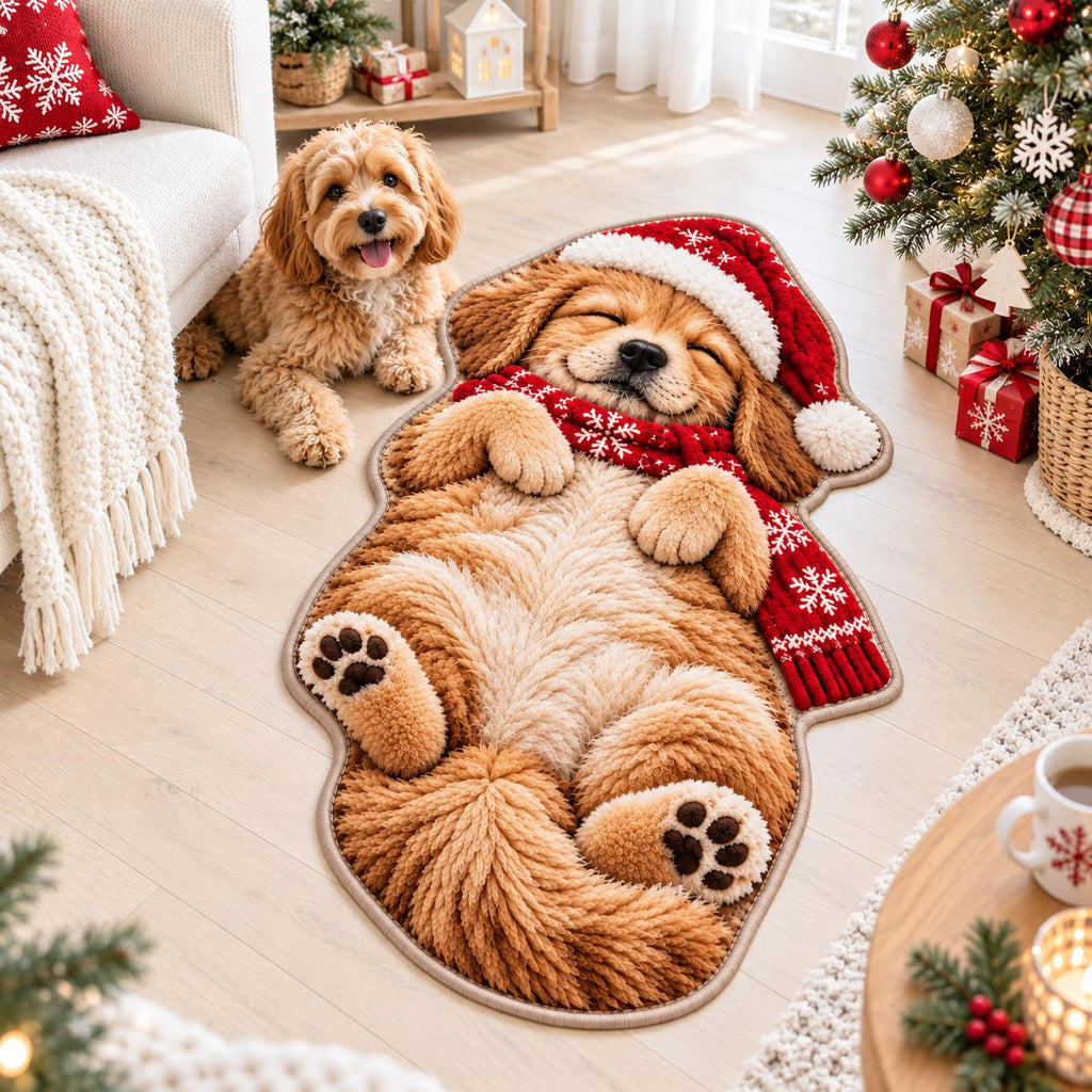 Dywan świąteczny puszysty Śpiący Golden Retriever z czapką Mikołaja antypoślizgowy