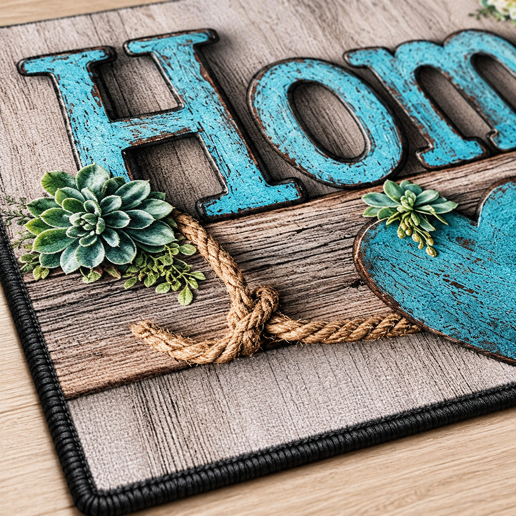 Wycieraczka pod drzwi Home Sweet Home – turkusowy napis i serce, rustykalna, szaro-beżowa