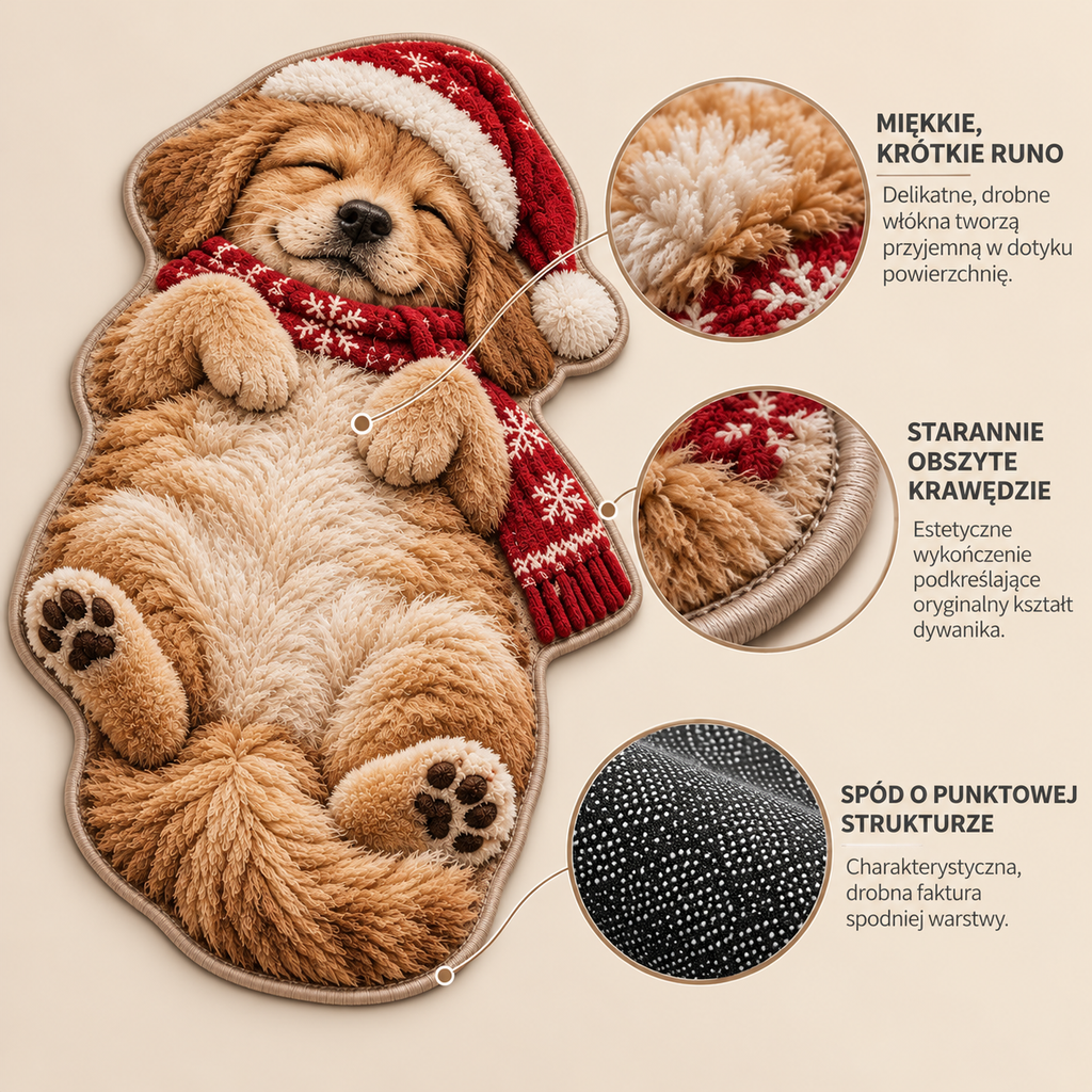 Dywan świąteczny puszysty Śpiący Golden Retriever z czapką Mikołaja antypoślizgowy
