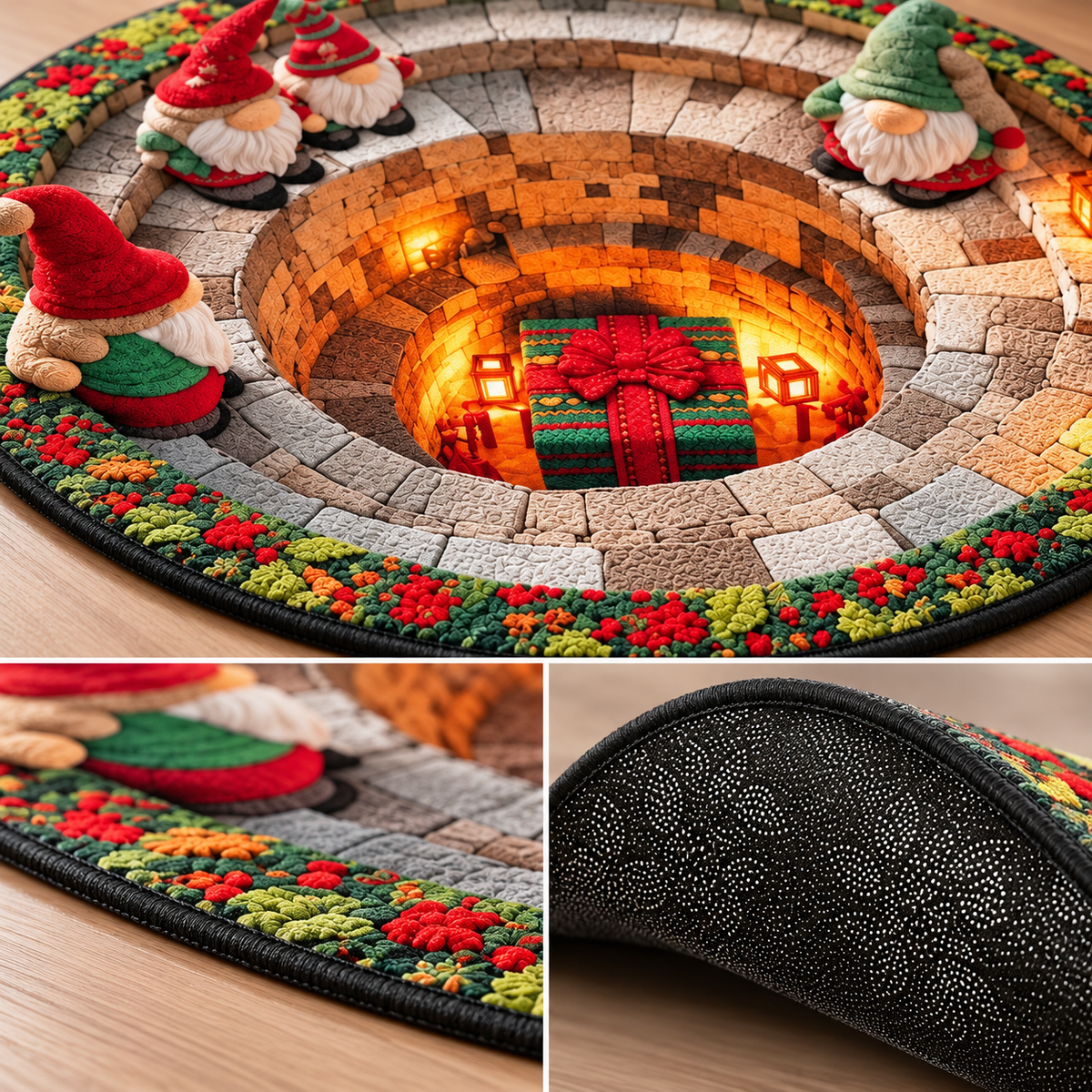 Dywan świąteczny okrągły Christmas Gnomes 3D – skrzaty, magiczna studnia z prezentem, efekt głębi