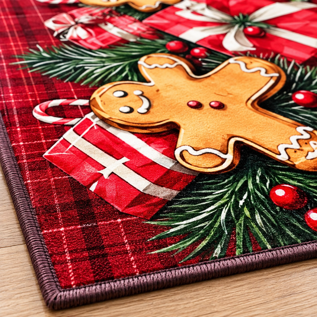 Chodnik świąteczny do przedpokoju i korytarza Merry Christmas – antypoślizgowy, pierniczki i prezenty, czerwony w kratę