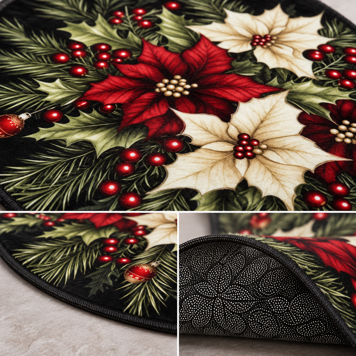 Wycieraczka świąteczna pod drzwi Christmas Poinsettia – półokrągła, gwiazdy betlejemskie, czarno-czerwona