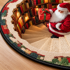 Dywan świąteczny okrągły Santa's Library 3D – Święty Mikołaj z prezentem, magiczne schody, efekt głębi