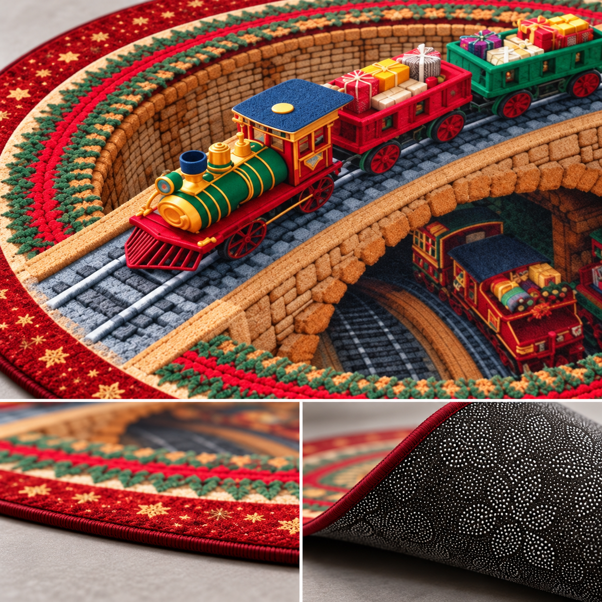 Dywan świąteczny okrągły Christmas Express 3D – kolorowa lokomotywa z prezentami, magiczny tunel, efekt głębi