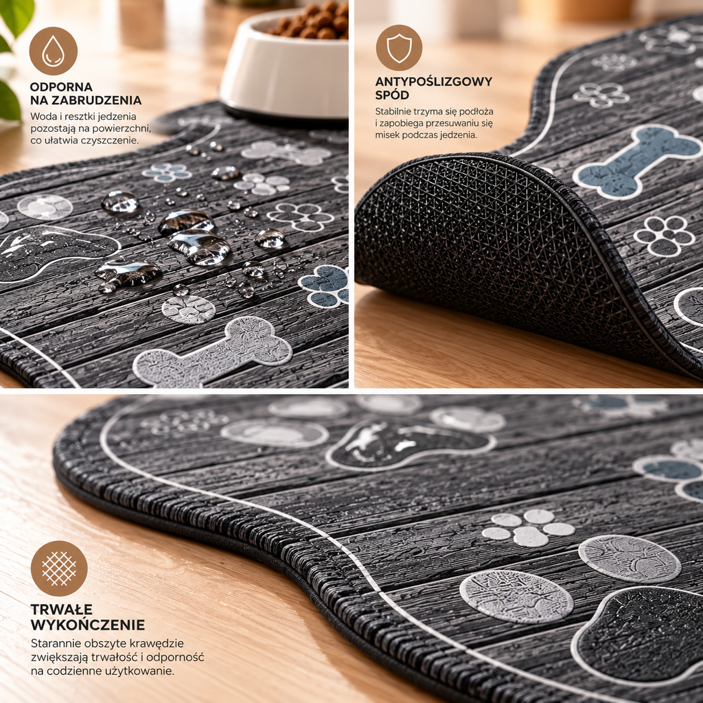 Mata pod miski dla psa i kota 30x50 cm – gumowa, antypoślizgowa, wodoodporna, szara kość
