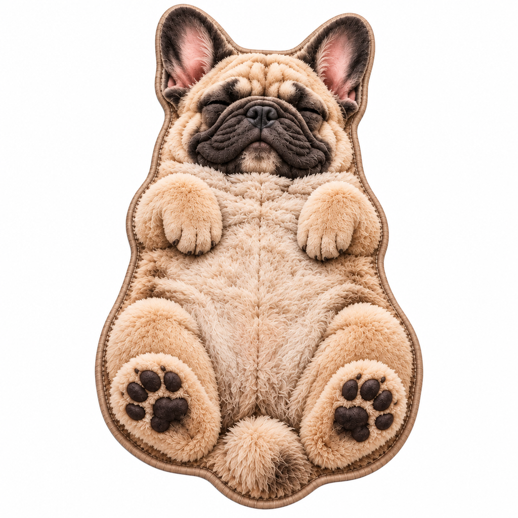 Dywan puszysty Śpiący Buldog Francuski beżowy antypoślizgowy 3D