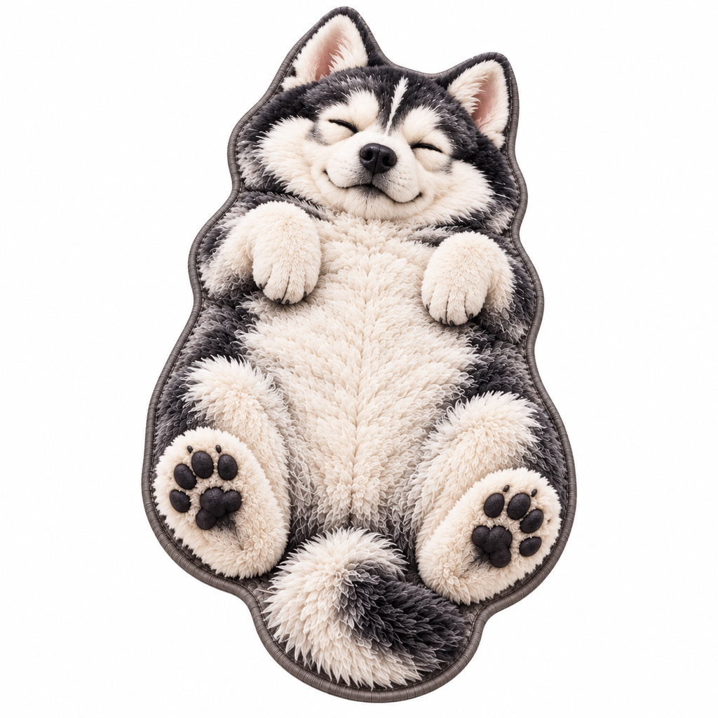Dywan puszysty Śpiący Husky szaro-biały antypoślizgowy, nieregularny kształt