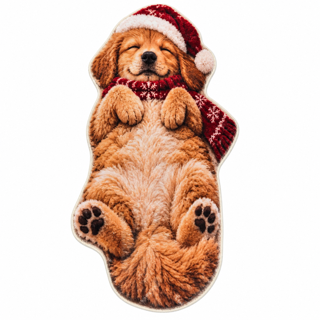 Dywan świąteczny puszysty Śpiący Golden Retriever z czapką Mikołaja antypoślizgowy